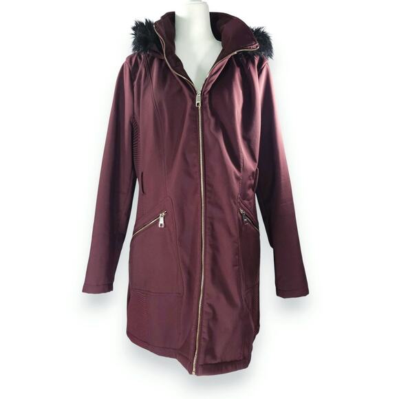 Guess Faux Fur Hood Softshell Parka Jacket Pockets Burgundy Wine XXL Gorpcore - Picture 3 of 15